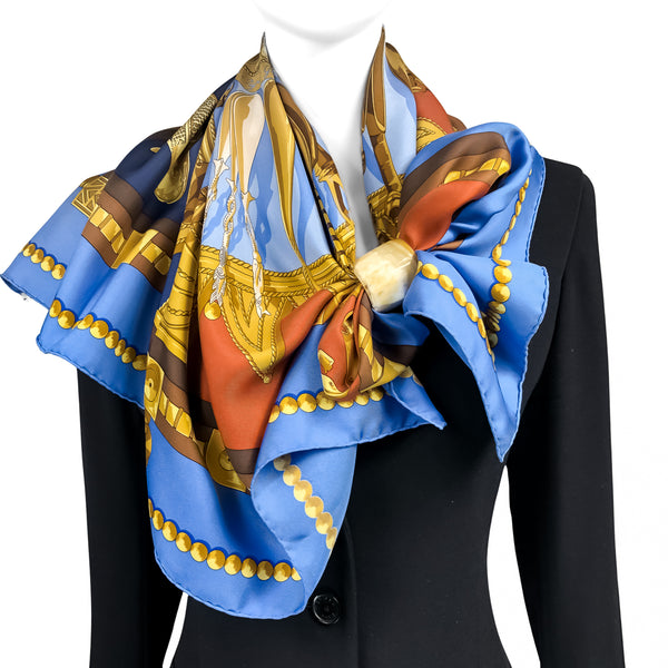 Cuillers D'Afrique Hermes Scarf by Caty Latham 90CM Silk Twill Blue