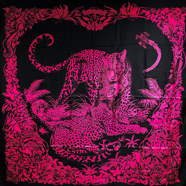 Jungle Love Hermes Shawl by Robert Dallet 140 Cashmere & Silk Tattoo Fuchsia | Black