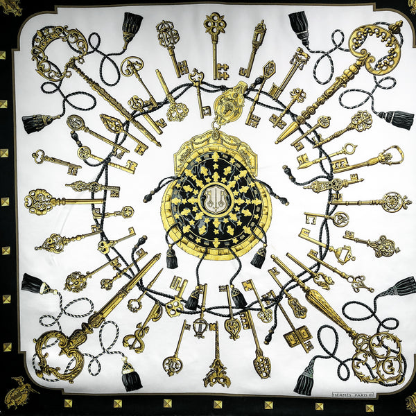 Les Clefs Hermes Scarf by Caty Latham 90 cm Silk Twill Black & White Col.