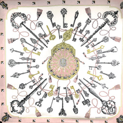 Les Clefs Hermes Scarf by Caty Latham 90 cm Silk Twill Pink & White Col.