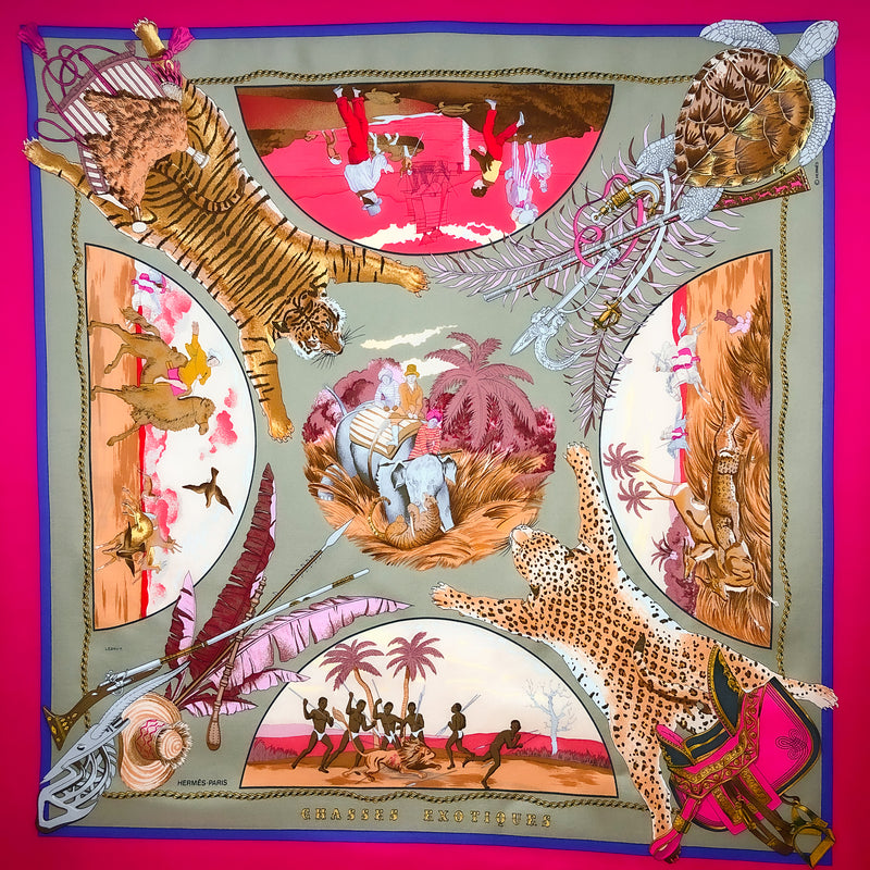Chasses Exotiques Hermes Scarf by Philippe Ledoux 90 cm Silk Twill Fuchsia Col.