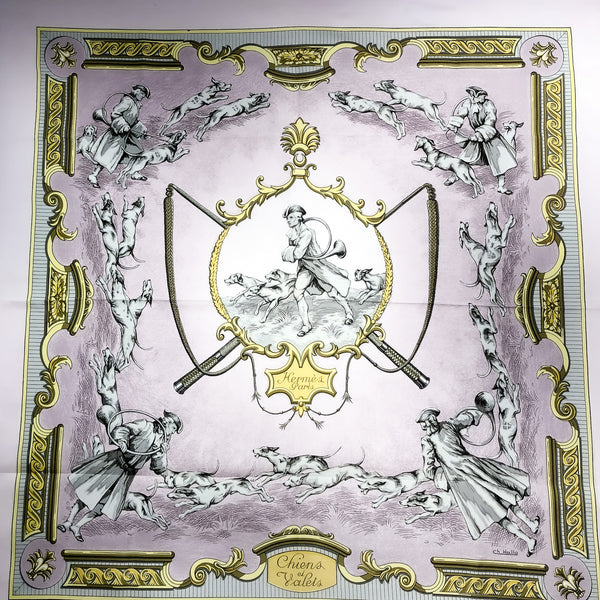 Chiens et Valets Hermes Scarf by Charles Jean Hallo 90 cm Silk Twill Dusty Rose
