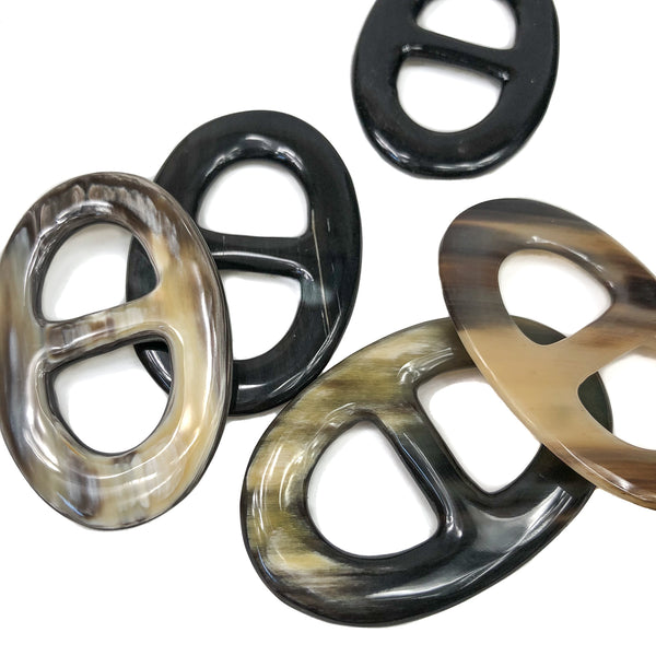 Silver, gold and natural horn designer scarf rings. Handmade scarf
