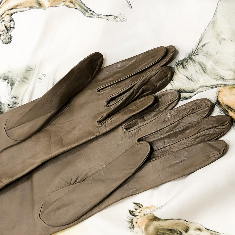 Hermes Kid Leather Long Gloves in rich taupe color