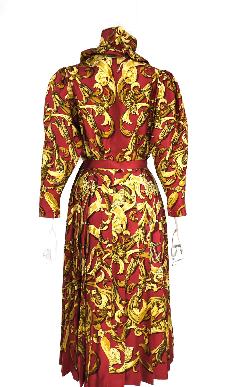 Hermes Vintage 2 Piece Silk Ensemble in brick red and gold tones