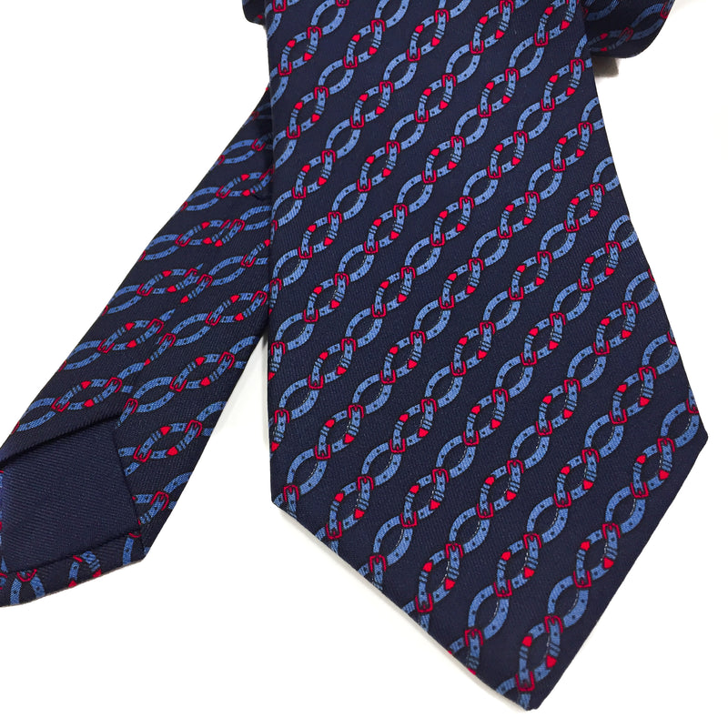 Hermes Silk Necktie 7021 TA Belt Design in red, navy and lighter blue