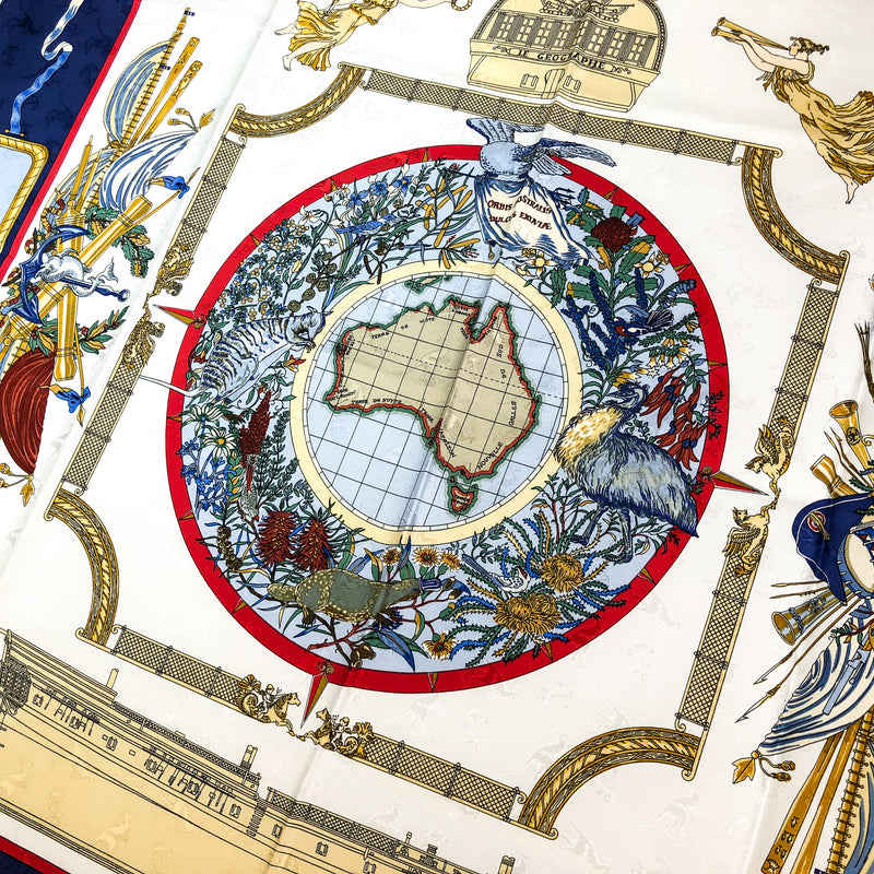 Le Geographe Hermes Silk Jacquard Scarf center with map of Australia