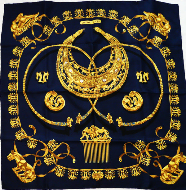 Vintage Hermes Silk Scarf Les Cavaliers D'Or by Vladimir Rybaltchenko Navy