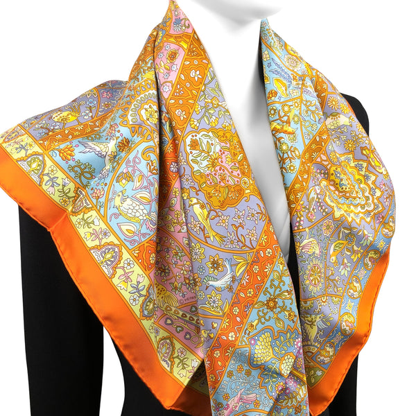 Au Pays des Oiseaux Fleurs Hermes Scarf by C. Henry 90cm Silk Twill | Orange