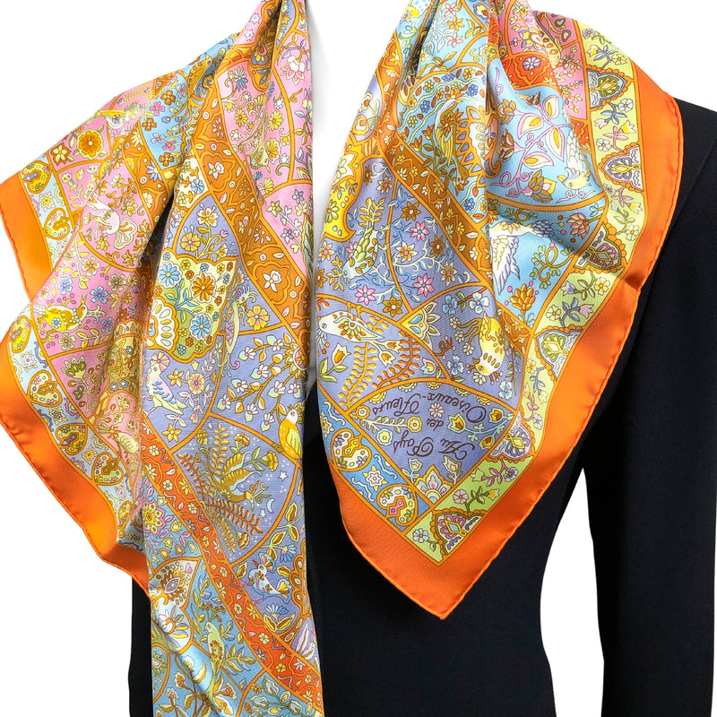 Au Pays des Oiseaux Fleurs Hermes Scarf by C. Henry 90cm Silk Twill | Orange