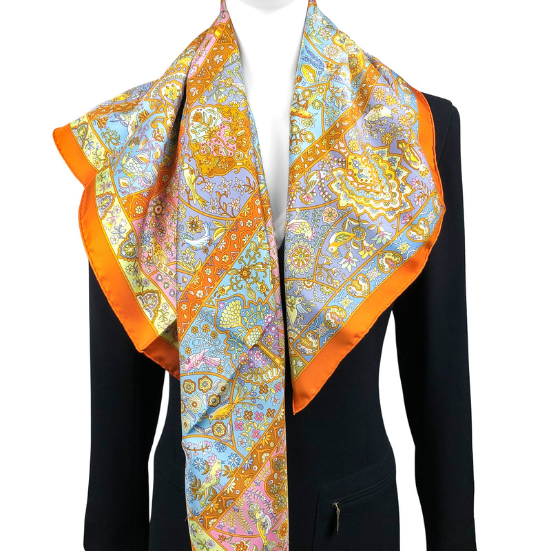 Au Pays des Oiseaux Fleurs Hermes Scarf by C. Henry 90cm Silk Twill | Orange