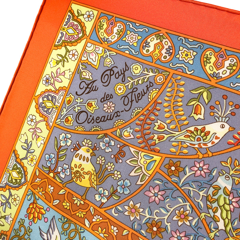 Au Pays des Oiseaux Fleurs Hermes Scarf by C. Henry 90cm Silk Twill | Orange