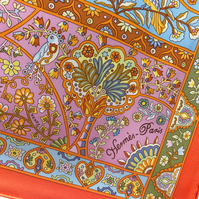 Au Pays des Oiseaux Fleurs Hermes Scarf by C. Henry 90cm Silk Twill | Orange