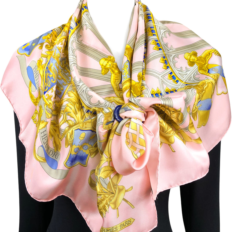 British Heraldry Hermes Scarf by Rybal 90 cm Silk Twill Pink Colorway