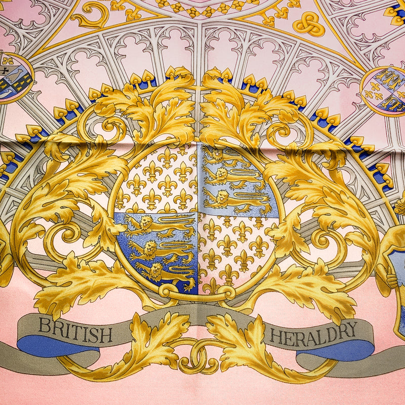 British Heraldry Hermes Scarf by Rybal 90 cm Silk Twill Pink Colorway