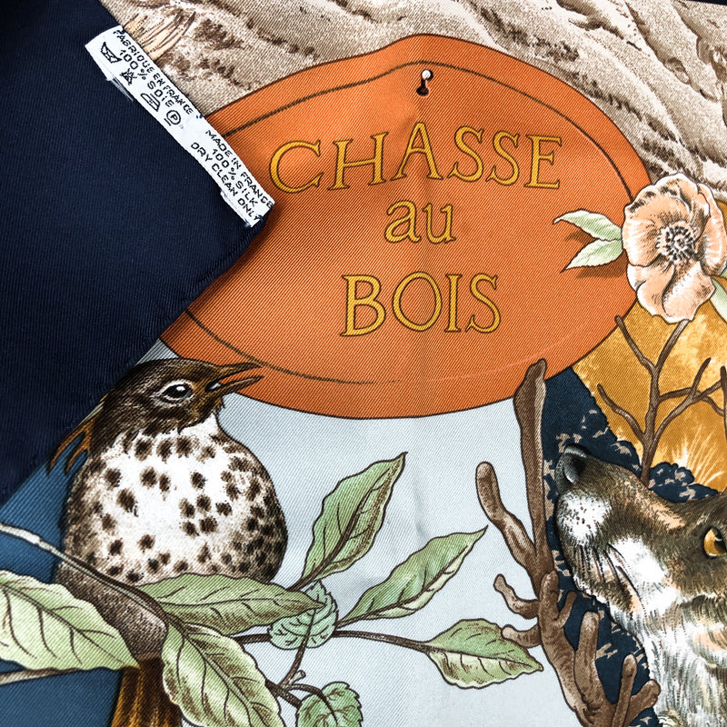 Chasse au Bois Hermes Scarf by Carl de Parcevaux 90cm Silk Navy Border
