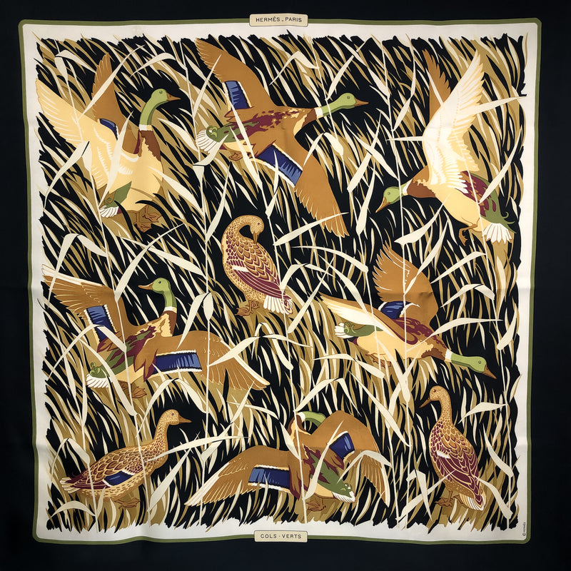 Cols Verts Hermes Scarf by Vauzelles 90 cm Silk Twill Black Col.