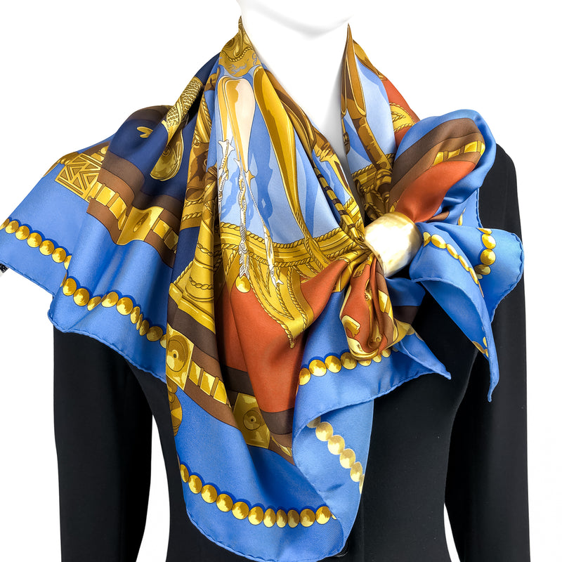 Cuillers D'Afrique Hermes Scarf by Caty Latham 90CM Silk Twill Blue