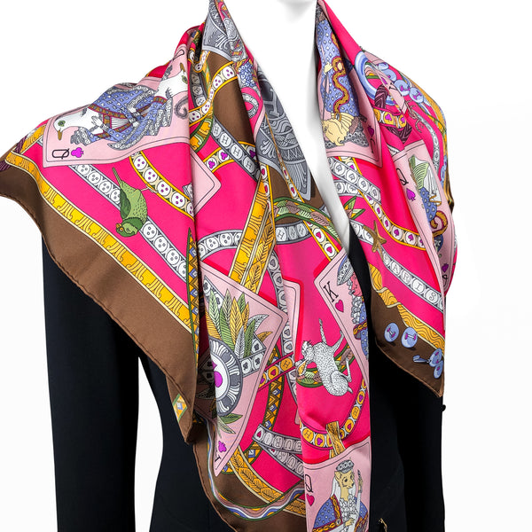 Dame De Coeur Hermes Scarf by Pierre Marie 90 cm Silk Twill w/Box | Fuchsia & Brown