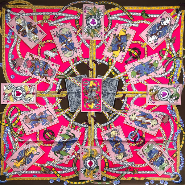 Dame De Coeur Hermes Scarf by Pierre Marie 90 cm Silk Twill w/Box | Fuchsia & Brown