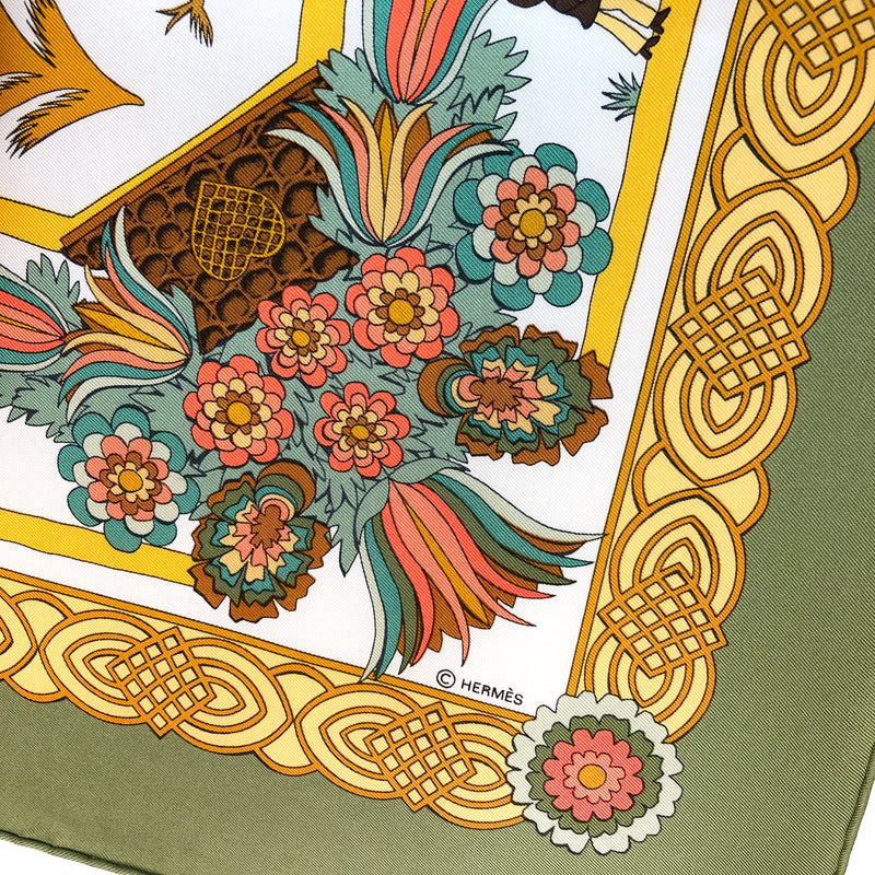 Decoupages Hermes Scarf by Anne Rosat 90cm Silk Moss Green Border