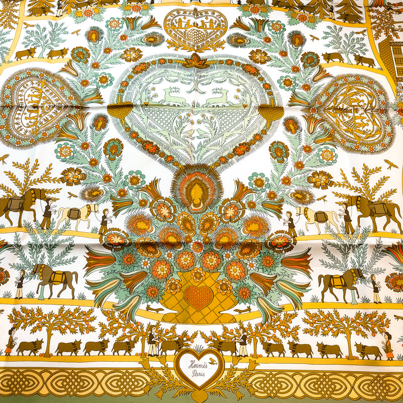 Decoupages Hermes Scarf by Anne Rosat 90cm Silk Moss Green Border