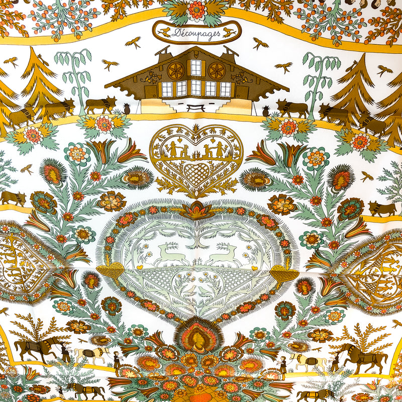 Decoupages Hermes Scarf by Anne Rosat 90cm Silk Moss Green Border