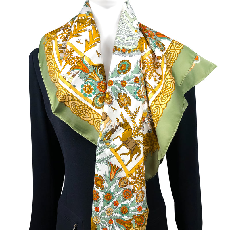 Decoupages Hermes Scarf by Anne Rosat 90cm Silk Moss Green Border