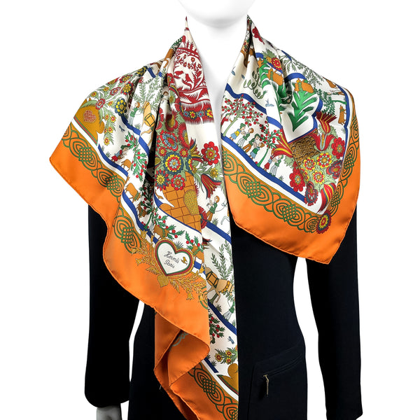 Decoupages Hermes Scarf by Anne Rosat 90cm Silk | Pumpkin Orange w/BOX