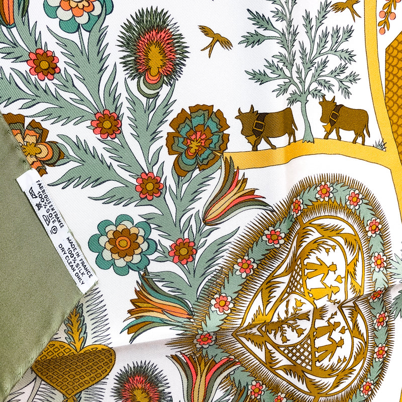 Decoupages Hermes Scarf by Anne Rosat 90cm Silk Moss Green Border