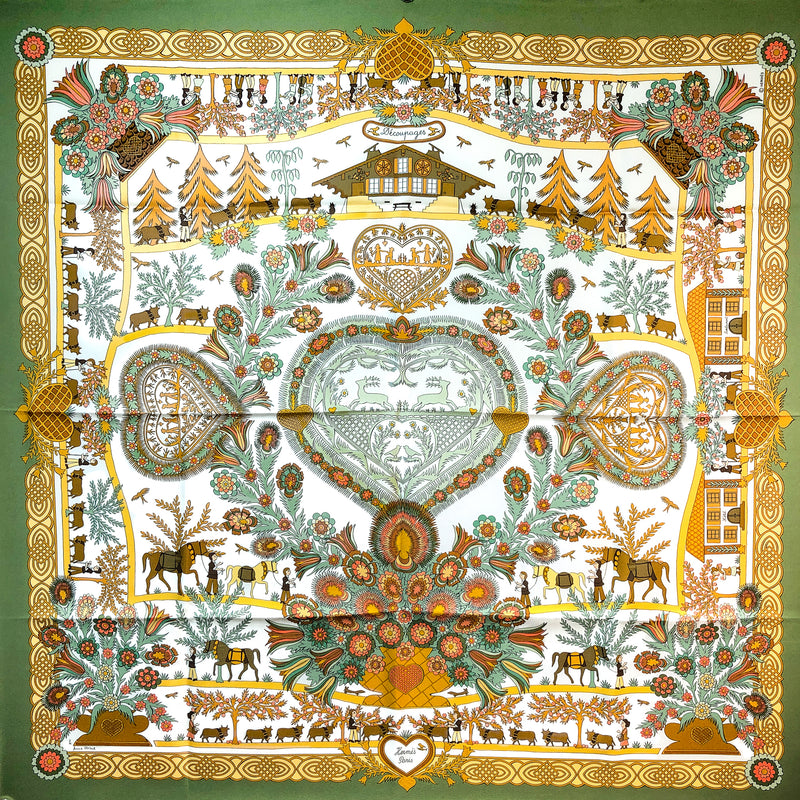 Decoupages Hermes Scarf by Anne Rosat 90cm Silk Moss Green Border