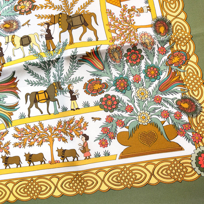 Decoupages Hermes Scarf by Anne Rosat 90cm Silk Moss Green Border