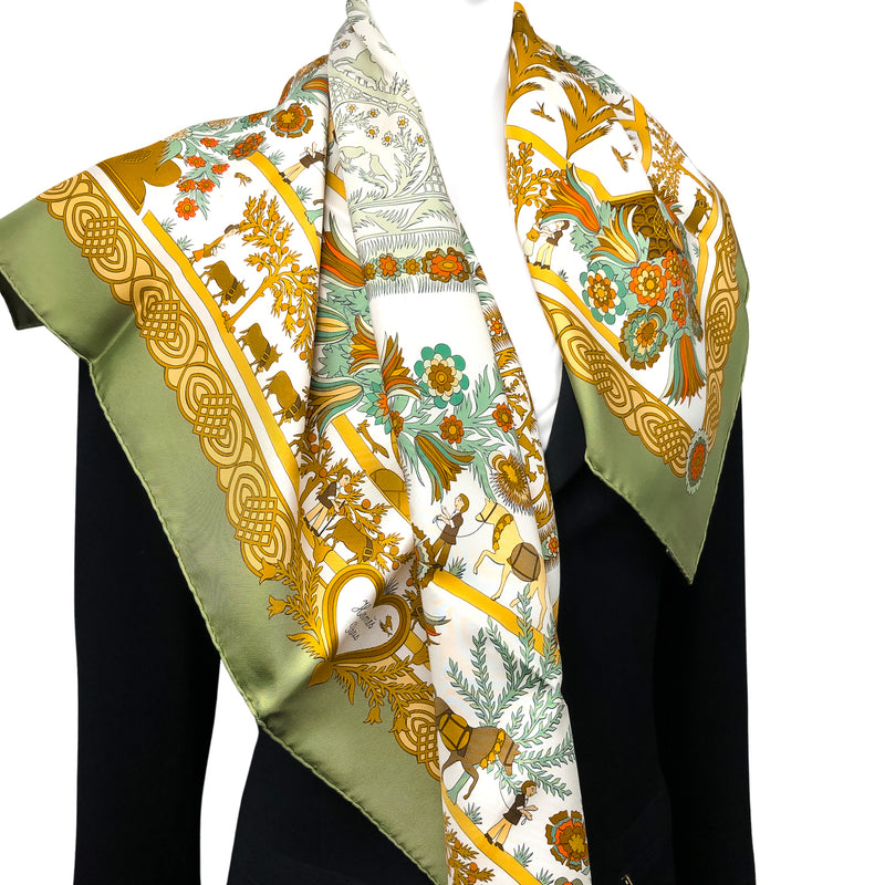 Decoupages Hermes Scarf by Anne Rosat 90cm Silk Moss Green Border