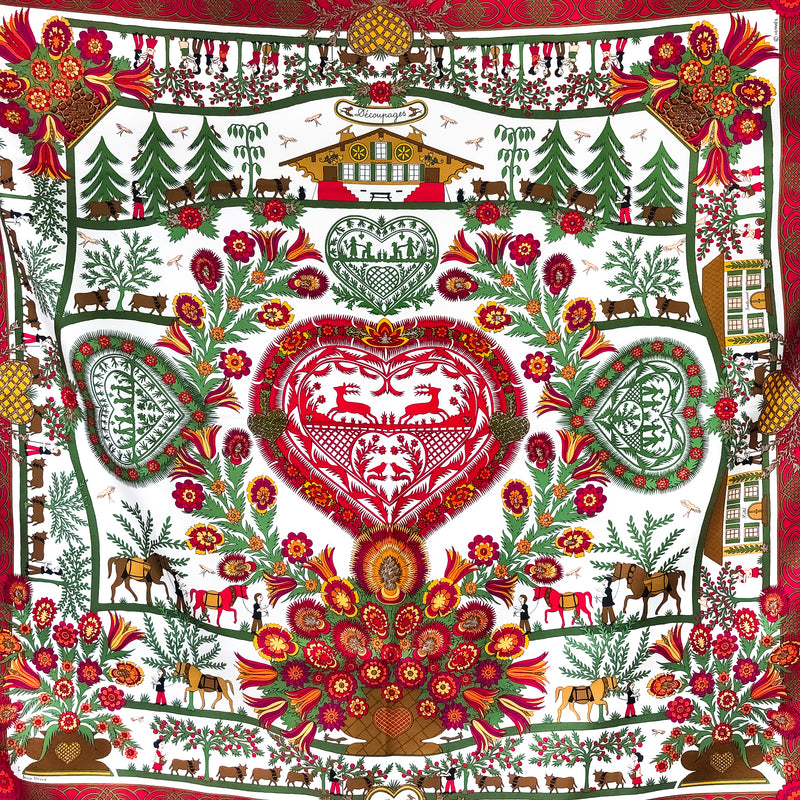 Decoupages Hermes Scarf by Anne Rosat 90cm Silk Red