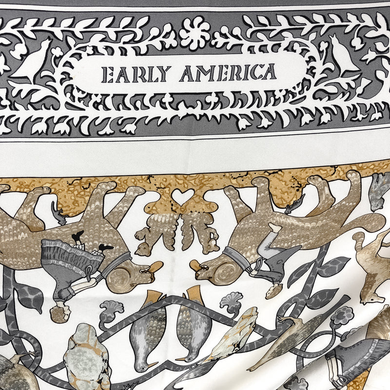 Early America Hermes Scarf by Francoise de la Perriere 90cm Silk Twill Grey