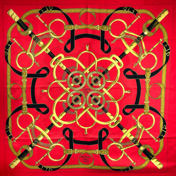 Eperon d'Or Hermes Scarf by Henri d'Origny 90 cm Silk Twill Red Col.