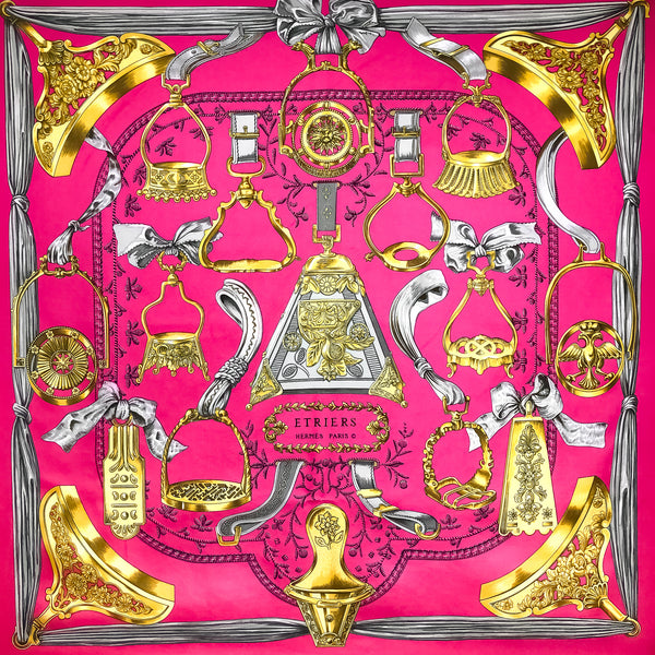 Etriers Hermes Scarf by Francoise de la Perriere 90 cm Silk Twill | Vibrant Fuchsia