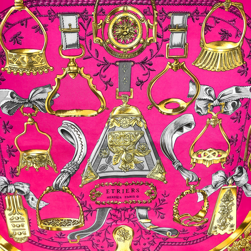 Etriers Hermes Scarf by Francoise de la Perriere 90 cm Silk Twill | Vibrant Fuchsia