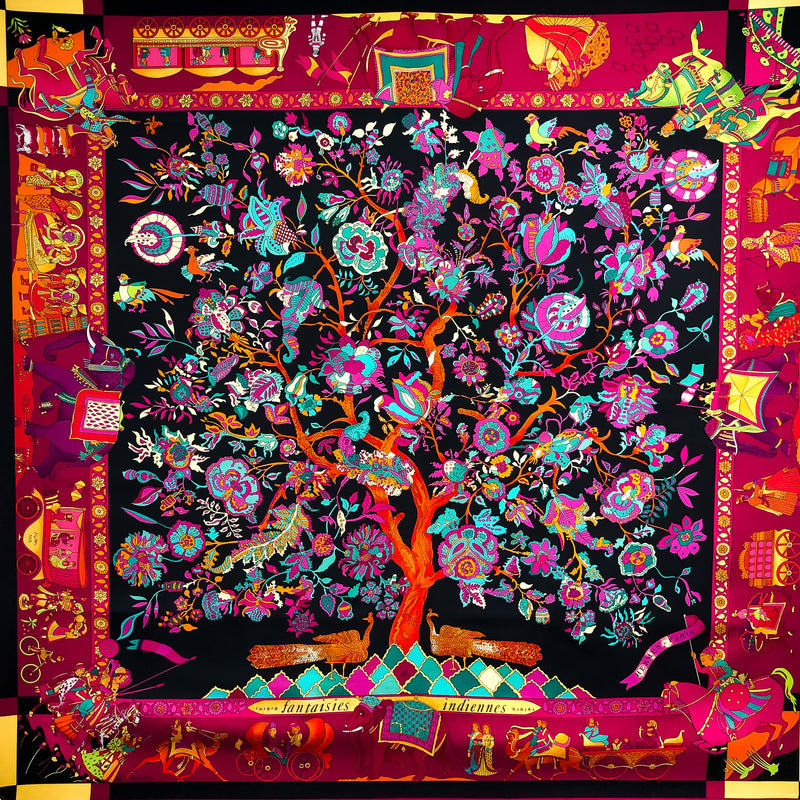 Fantaisies Indiennes Hermes Scarf by Loic Dubigeon 90cm Silk Twill w/Scarf Ring