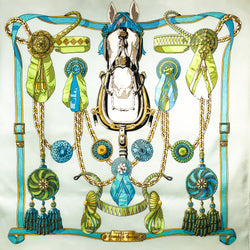 Frontaux et Cocardes Hermes Scarf by Caty Latham 90cm Silk Twill Early Issue- Aqua