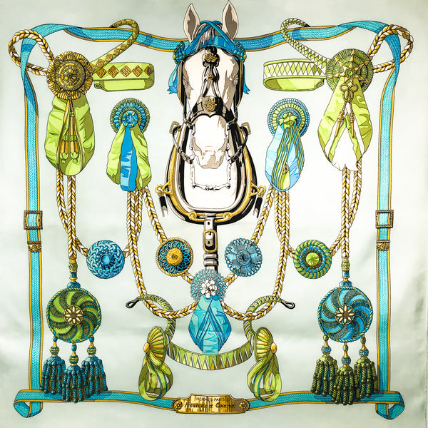 Frontaux et Cocardes Hermes Scarf by Caty Latham 90cm Silk Twill Early Issue- Aqua