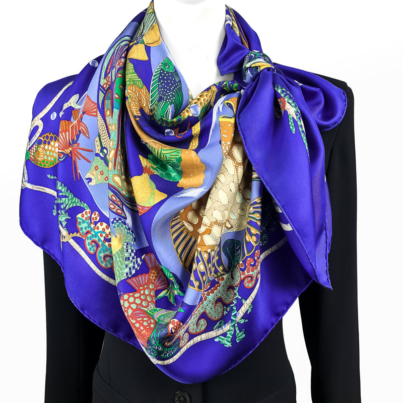 Grands Fonds Hermes Scarf by Annie Faivre 90cm Silk Twill | Blue