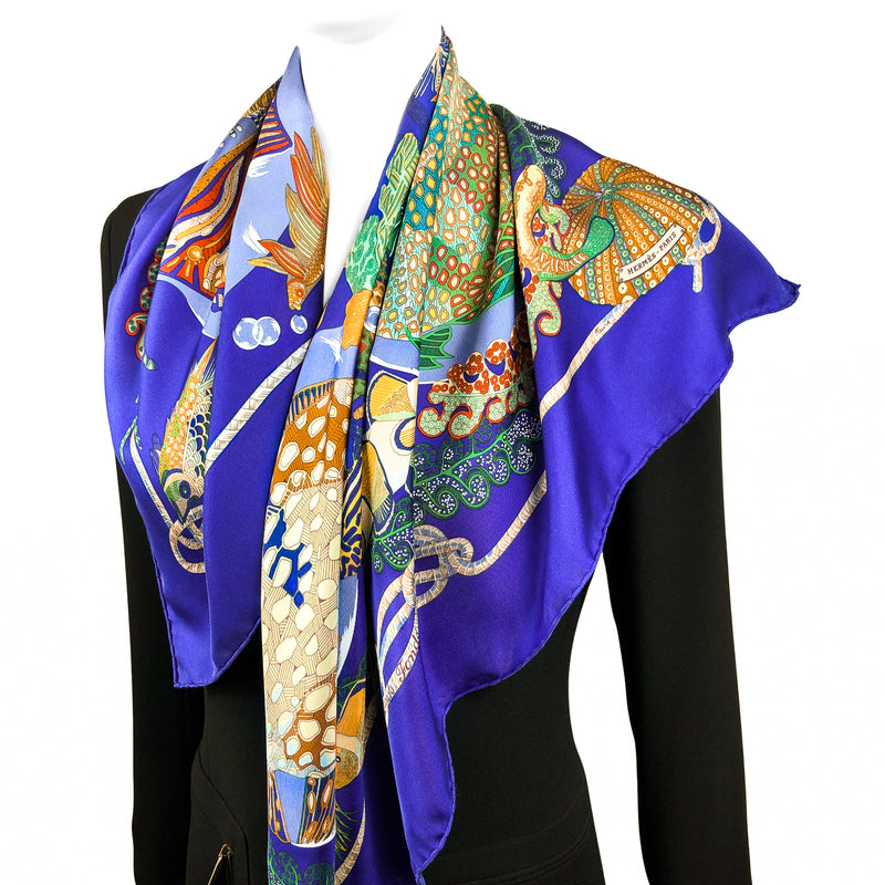 Grands Fonds Hermes Scarf by Annie Faivre 90cm Silk Twill | Blue