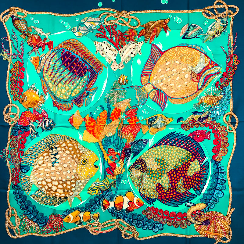 Grands Fonds Hermes Scarf by Annie Faivre 90cm Silk Twill Turquoise