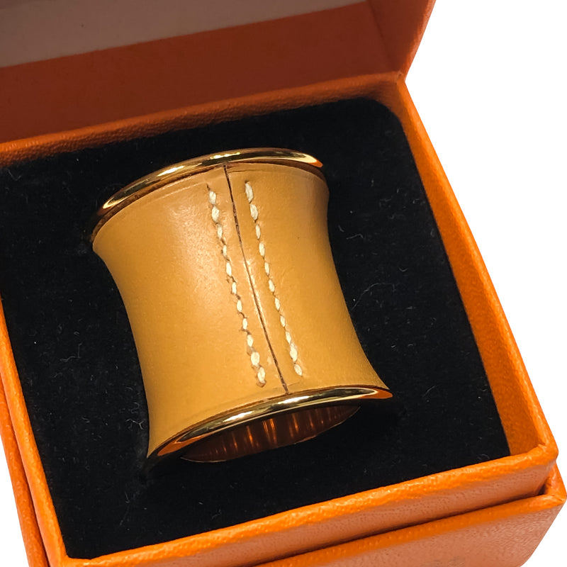 Hermes Cognac Leather Gold Tone Scarf Ring with Box