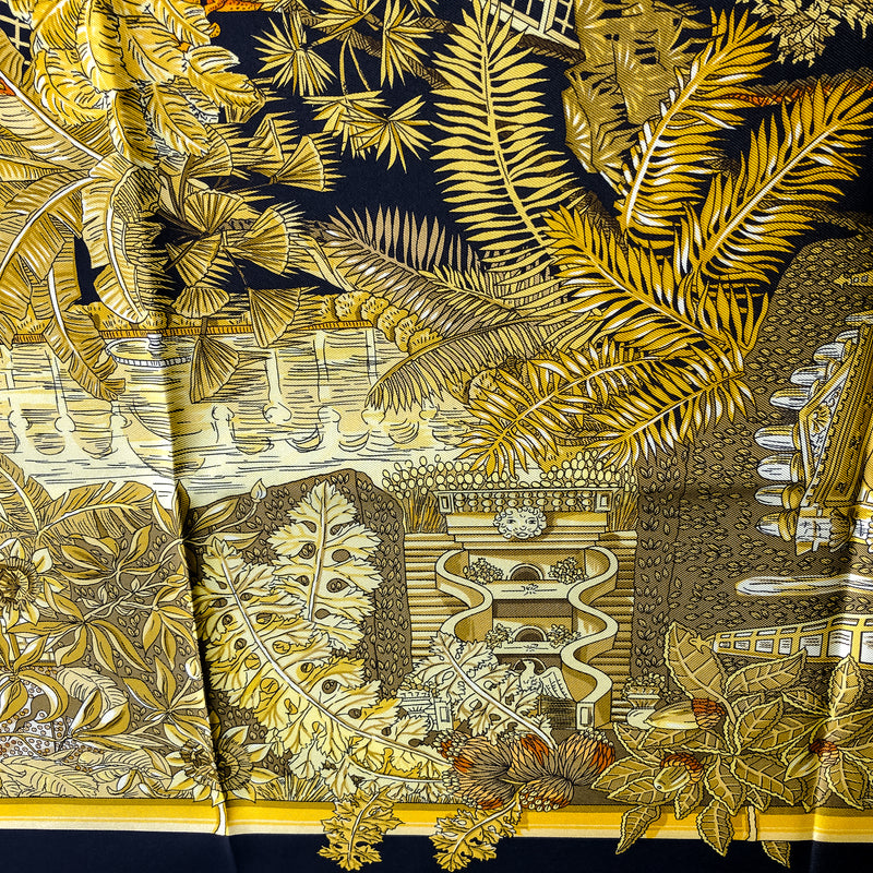 Jardins d'Hiver Hermes Scarf by Annie Faivre 90 cm Silk Twill Black & Gold Col.