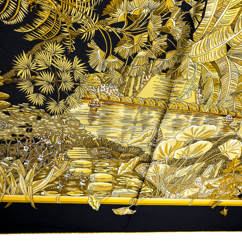 Jardins d'Hiver Hermes Scarf by Annie Faivre 90 cm Silk Twill Black & Gold Col.