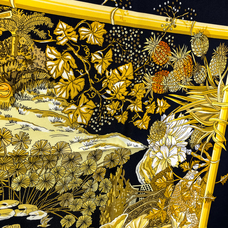 Jardins d'Hiver Hermes Scarf by Annie Faivre 90 cm Silk Twill Black & Gold Col.