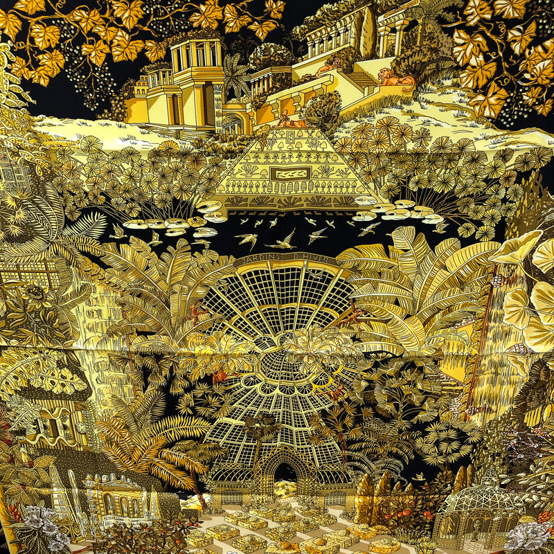 Jardins d'Hiver Hermes Scarf by Annie Faivre 90 cm Silk Twill Black & Gold Col.