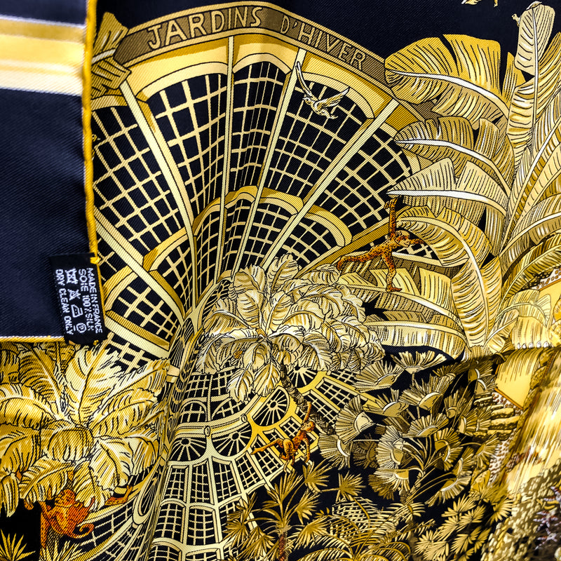 Jardins d'Hiver Hermes Scarf by Annie Faivre 90 cm Silk Twill Black & Gold Col.